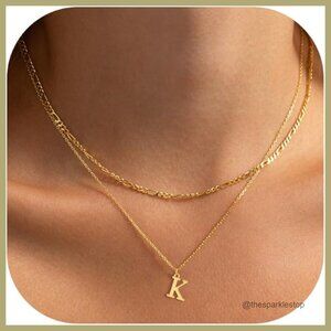 14K Gold Plated Layered Initial Necklace Set with Lobster Clasp
